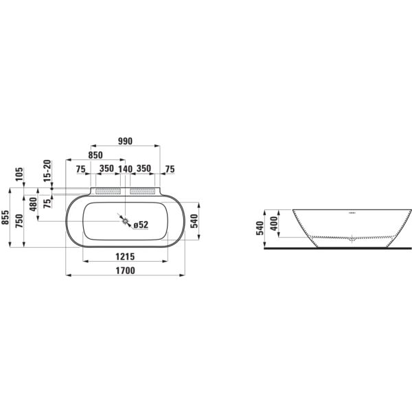 LAUFEN LUA Vaňa, ku stene (D - tvar), materiál Marbond, 1700x855x540 mm, H2200870000001
