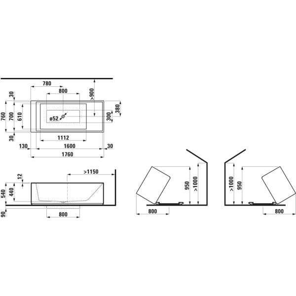 LAUFEN Kartell LAUFEN Vaňa, voľne stojaca, materiál Sentec, s prepadom a plochou pre armatúru na strane nôh, s Hubsystémom a osvetleným otvorom prepadu, 1760x760x440 mm, H2223320006161