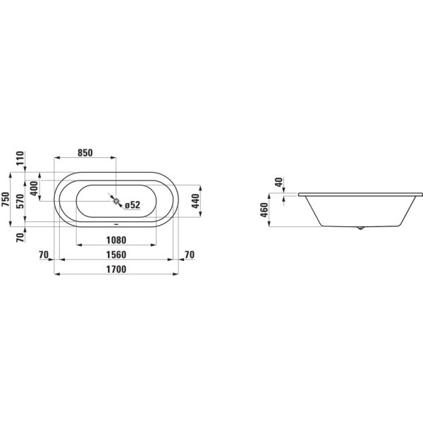 LAUFEN SOLUTIONS Oválna vaňa, vstavaná verzia, sanitárny akrylát, 1700x750x460 mm, H2225100000001