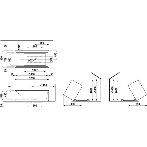 LAUFEN Kartell LAUFEN Vaňa, voľne stojaca, materiál Sentec, s plochou pre armatúru, s prepadom na čelnej strane, s Hubsystémom, 1700x860x440 mm, H2233320006161