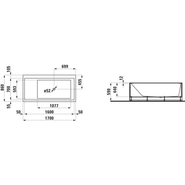 LAUFEN Kartell LAUFEN Vaňa, materiál Sentec, pravý roh, s L-panelom ľavým, s plochou pre armatúru, s prepadom na čelnej strane, s nohami, 1700x860x440 mm, H2233350006161