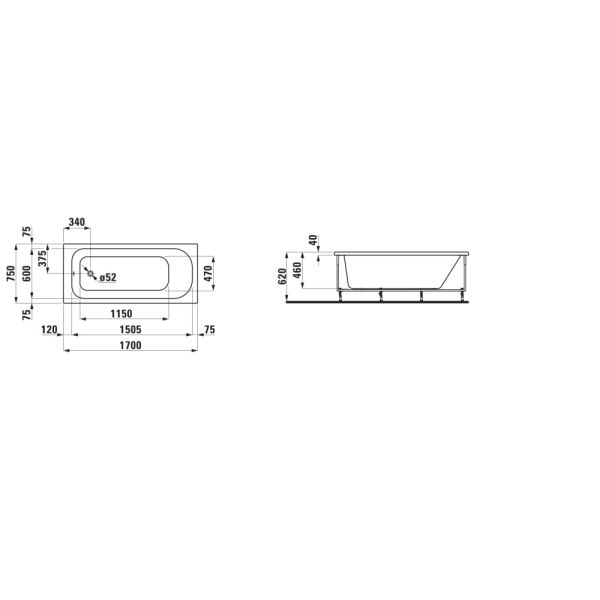 LAUFEN SOLUTIONS Vaňa s konštrukciou a L-panelom ľavým, 1700x750x620 mm, H2235050000001