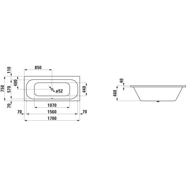 LAUFEN SOLUTIONS Obdĺžniková vaňa, vstavaná verzia, sanitárny akrylát, 1700x750x460 mm, H2235300000001
