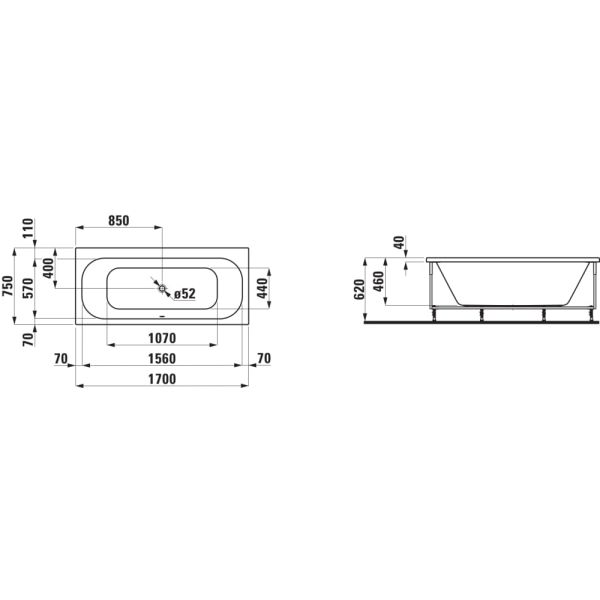 LAUFEN SOLUTIONS Obdĺžniková vaňa s L-panelom ľavá, s konštrukciou, sanitárny akrylát, 1700x750x620 mm, H2235350000001