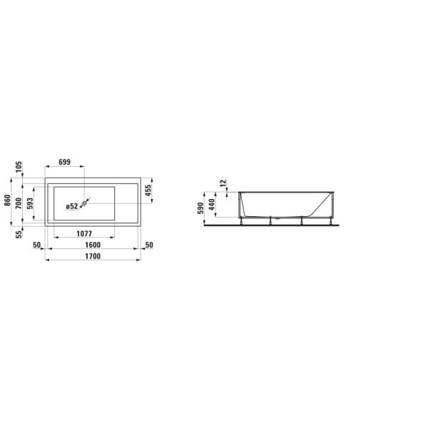 LAUFEN Kartell LAUFEN Vaňa, vstavaná verzia, materiál Sentec, ľavý roh, s plochou pre armatúru, s prepadom na čelnej strane, s nohami, 1700x860x440 mm, H2243310006161