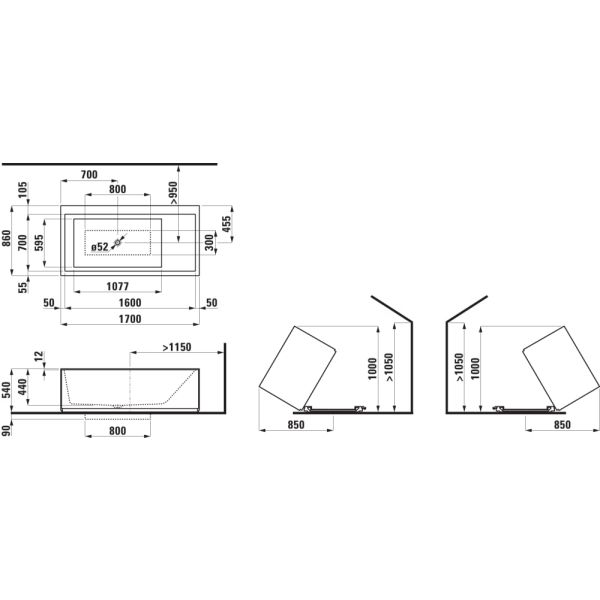 LAUFEN Kartell LAUFEN Vaňa, voľnes stojaca, materiál Sentec, s plochou pre armatúru, s prepadom na čelnej strane, s Hubsystémom, 1700x860x440 mm, H2243320006161