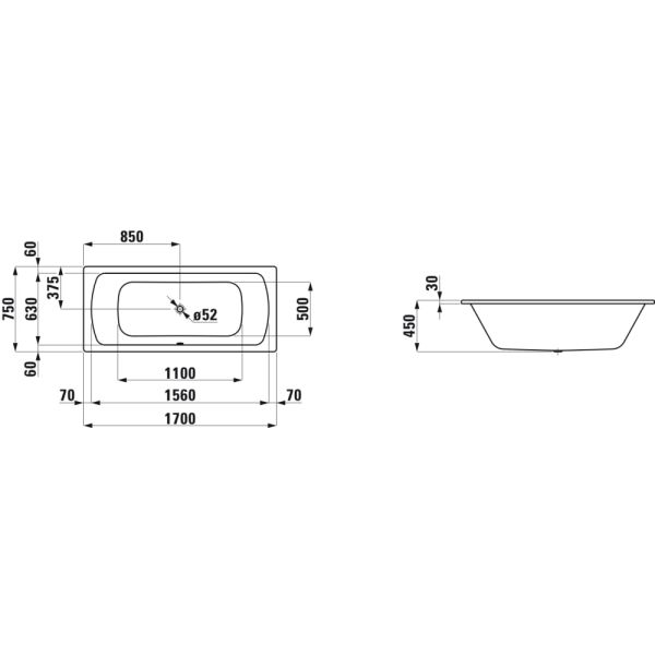 LAUFEN MODERNA PLUS Obdĺžníková vaňa, 1700x750x450 mm, H2250700000401