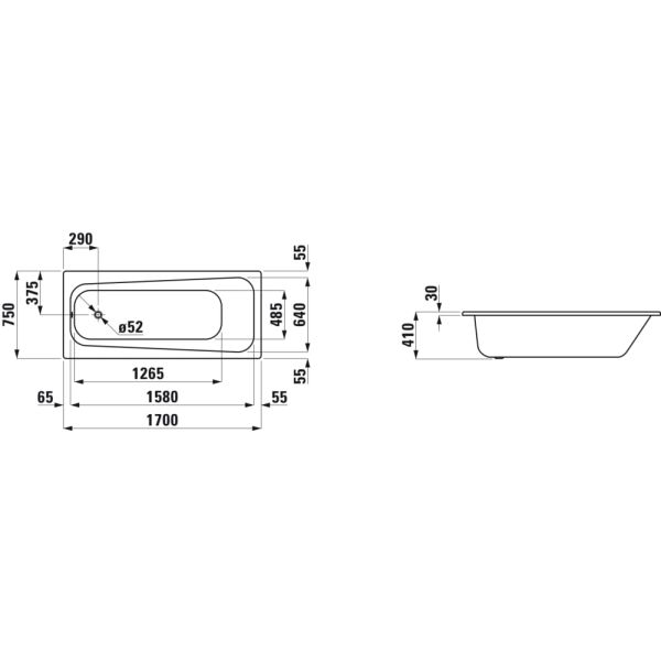 LAUFEN MODERNA PLUS Oceľová vaňa, hrúbka 3,5 mm, s protihlukovou izoláciou, objem 124 l, 1700x750x410 mm, H2251300000401
