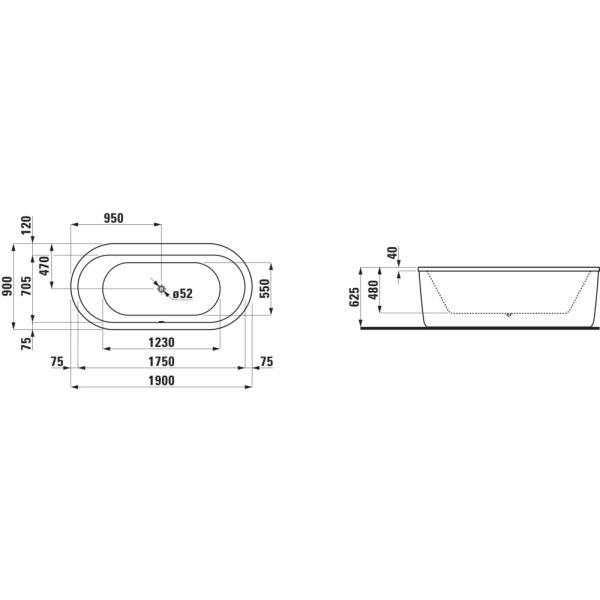 LAUFEN SOLUTIONS Vaňa oválna, samostatne stojaca, s hliníkovou konštrukciou, s panelom, 1900x900x625 mm, H2255120000001