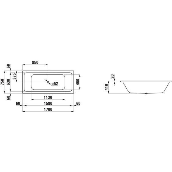 LAUFEN LAUFEN PRO S Oceľová vaňa, vstavaná verzia, obdľžniková, s protihlukovými podložkami spĺňajúcimi normu DIN 4109, 1700x750x575 mm, H2261807570401