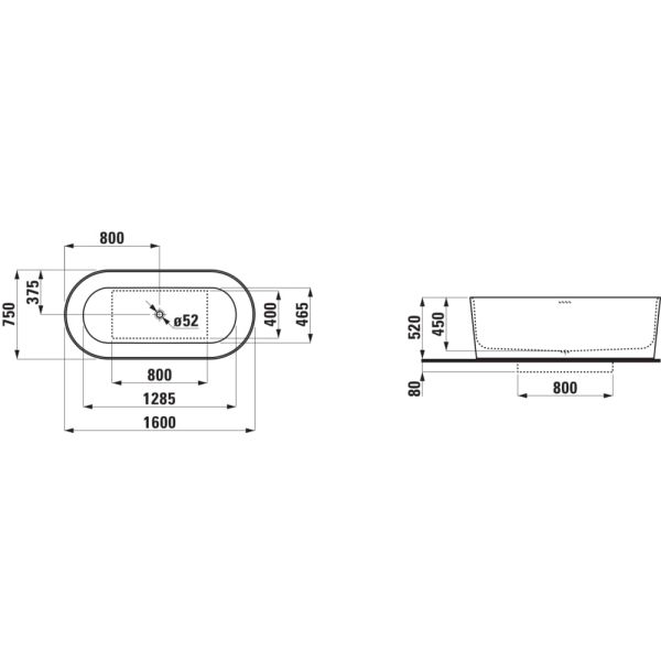 LAUFEN VAL Vaňa voľne stojaca, materiál Sentec, intogrovaný prepad, nohy k vani, 1600x750x520 mm, H2302820000001