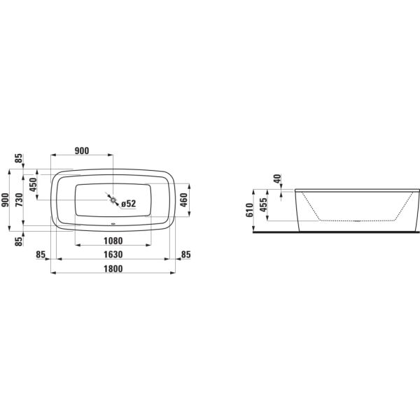 LAUFEN PALOMBA COLLECTION Vaňa, samostatne stojaca s konštrukciou a vonkajším opláštením, objem 170 l (okraj vane 40 mm), 1800x900x455 mm, H2318000000001