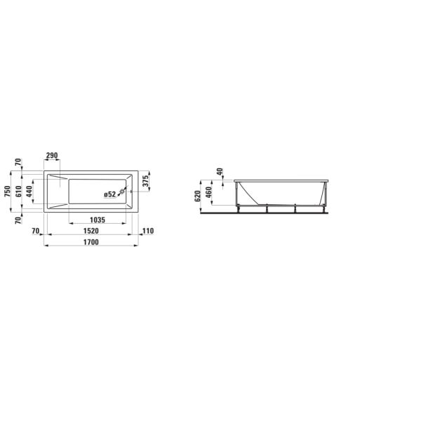 LAUFEN LAUFEN PRO Vaňa s konštrukciou a L-panelom pravým, objem 185 l, 1700x750x620 mm, H2319560006151