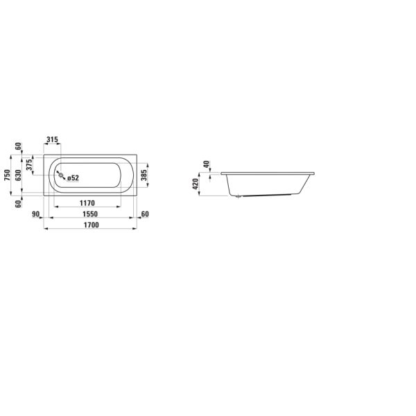 LAUFEN LUA Vaňa, vstavaná verzia, 1700x750x420 mm, H2320800000001