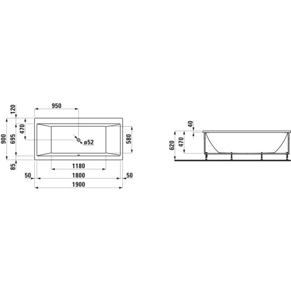 LAUFEN LAUFEN PRO Vaňa, samostatne stojaca, s hliníkovou konštrukciou, 1900x900x620 mm, H2349510006151