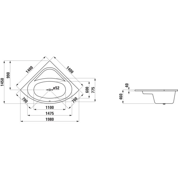 LAUFEN SOLUTIONS Vaňa, rohový model, vstavaná verzia, 1400x1400x460 mm, H2425000000001