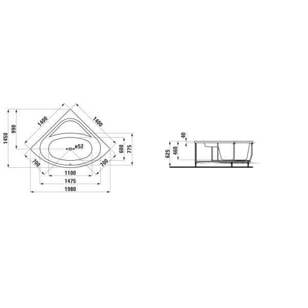 LAUFEN SOLUTIONS Vaňa, rohový model, s hliníkovou konštrukciou, 1400x1400x625 mm, H2425010000001