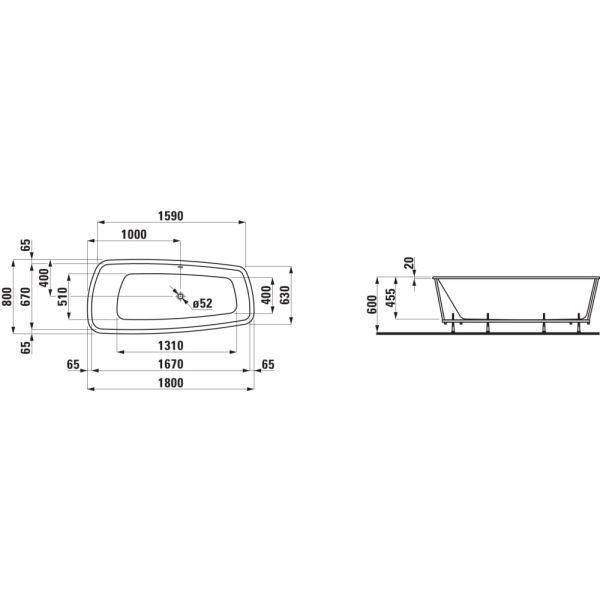 LAUFEN PALOMBA COLLECTION Vaňa, s konštrukciou (okraj vane 20 mm), 1800x800x455 mm, H2428010000001