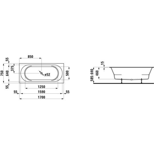LAUFEN LAUFEN PRO Vaňa, vstavaná verzia, obdĺžniková, materiál Marbond, objem 180 l, 1700x750x502 mm, H2429500000001