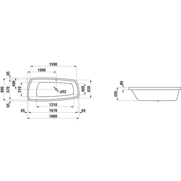 LAUFEN PALOMBA COLLECTION Vaňa, vstavaná verzia (okraj vane 80 mm), 1800x800x455 mm, H2438000000001