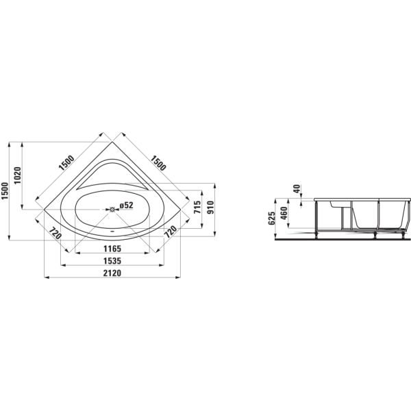LAUFEN SOLUTIONS Rohová vaňa, s konštrukciou, a čelným panelom, sanitárny akrylát, 1500x1500x620 mm, H2445070000001