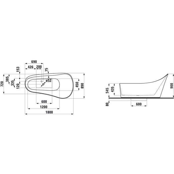 LAUFEN PALOMBA COLLECTION Voľne stojaca vaňa z materiálu solid surface, so skrytým priepadom, vrátane click-clack odpadu, 1800x890x540 mm, H2458020006251