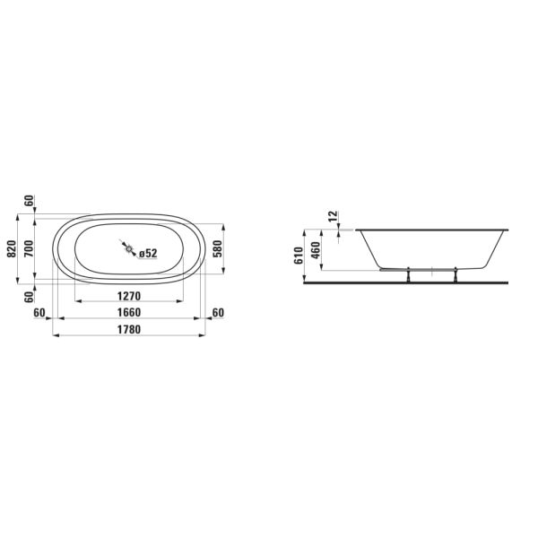 LAUFEN ILBAGNOALESSI Vaňa, solid surface, 1780 x 820 mm, vstavaná verzia s hliníkovým rámom, 1780x820x460 mm, H2459710006051