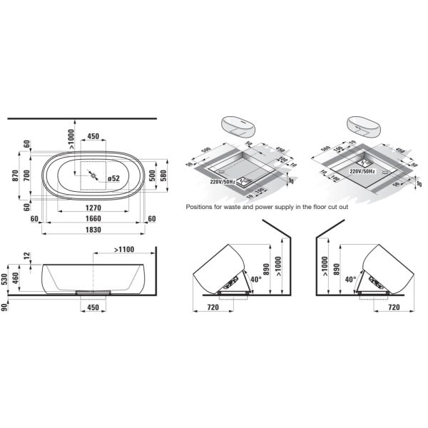 LAUFEN ILBAGNOALESSI Vaňa, solid surface, 1830 x 870 mm samostatne stojaca, s konštrukciou pre uľahčenie montáže, 1830x870x460 mm, H2459720006051