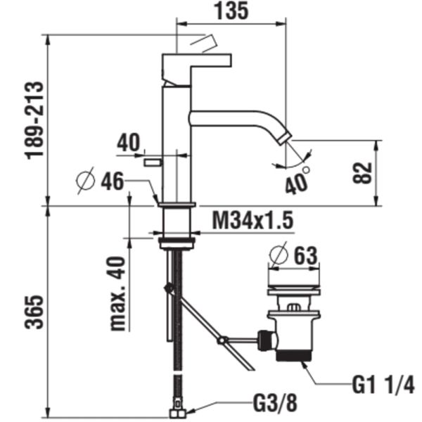 LAUFEN Kartell LAUFEN Umývadlová páková batéria, pevný výtok 135 mm, prietok 5,3 l/min s automatickým výpustom, Chróm 004, H3113310041211