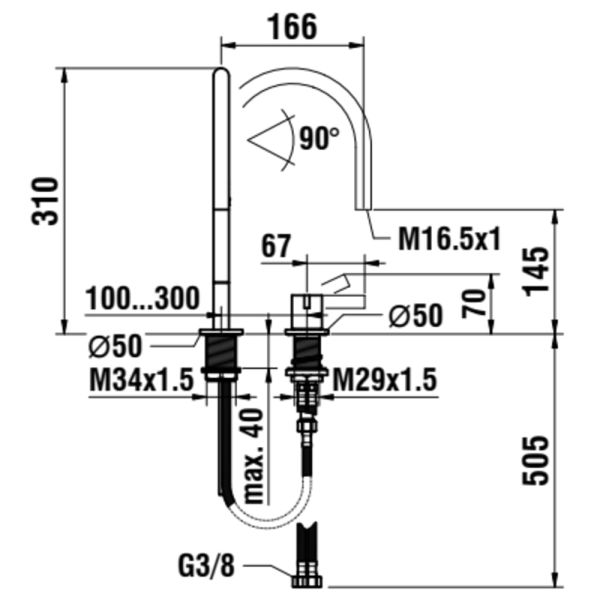LAUFEN Kartell LAUFEN Umývadlová 2-otvorová páková batéria s otočným výtokom 166 mm, prietok 5,3 l/min, s ovládaním tiahla automatického výpustu, bez automatického výpustu, Chróm 004, H3113320042231