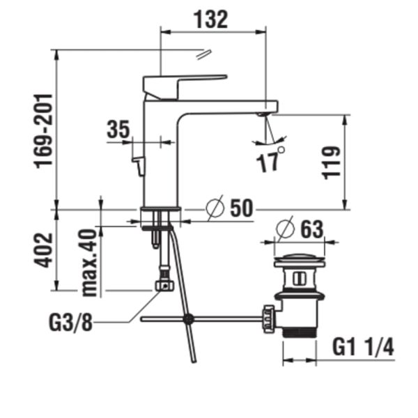 LAUFEN NEJA Umývadlová stojančeková páková batéria s výtokom 132 mm, kartuša Eco+, prietok 5,7 l/min, s automatickým výpustom, Chróm 004, H3115110041211