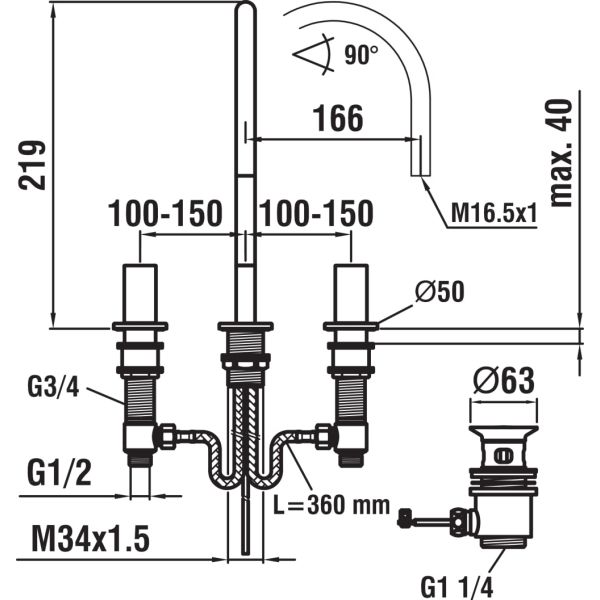 LAUFEN Kartell LAUFEN Umývadlová 3 - otvorová batéria, otočné ramienko 16,5 cm, prietok 5,7 l/min, s automatickou výpusťou, Chróm 004, H3123330042211