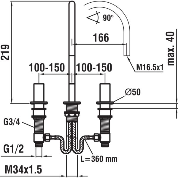 LAUFEN Kartell LAUFEN Umývadlová 3 - otvorová batéria, otočné ramienko 16,5 cm, prietok 5,7 l/min, ovládanie automatickej výpusti, bez automatickej výpusti, Chróm 004, H3123330042231