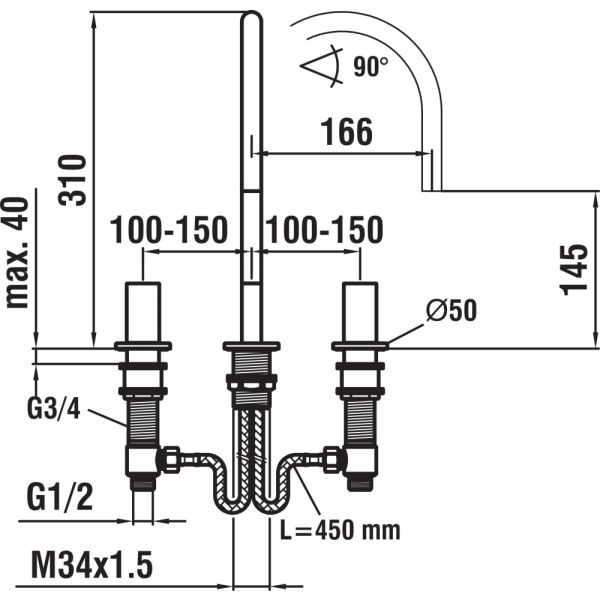 LAUFEN Kartell LAUFEN Umývadlová 3-otvorová batéria, otočné ramienko 165 mm, prietok 5,7 l/min, bez automatického výpustu, PVD kartáčovaná nerezová oceľ 090, H3123330902201