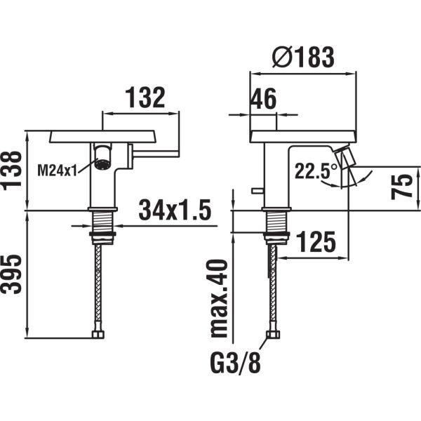 LAUFEN Kartell LAUFEN Bidetová páková batéria (tanier), prietok 5,7 l/min, vrátane 1 plastového disku vo vyhotovení transparent, s ovládaním tiahla automatického výpustu, bez automatického výpustu, Chróm 004, H3413310041131