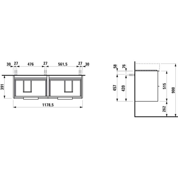 LAUFEN BASE Skrinka pod umývadlo, 4 zásuvky, pre dvojumývadlá VAL H814282, 1180x390x530 mm, Šedá traffic 266, H4025341102661