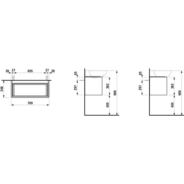 LAUFEN BASE Skrinka pod umývadlo, s 1 zásuvkou, pre umývadlá 813301, 813302, s držiakom z tmavého hliníka, 770x350x360 mm, Biela matná 260, H4030031102601