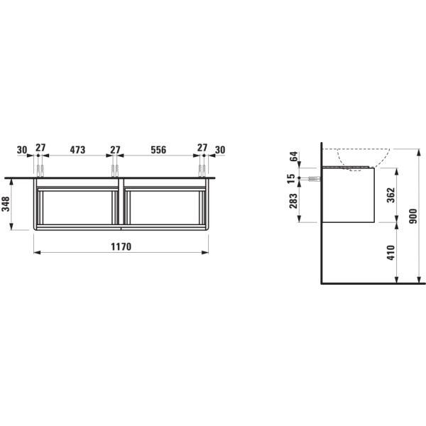 LAUFEN BASE Skrinka pod umývadlo, s 2 zásuvkami, pre umývadlo H814304, s držiakom z tmavého hliníka, 1170x350x360 mm, Šedá traffic 266, H4030161102661