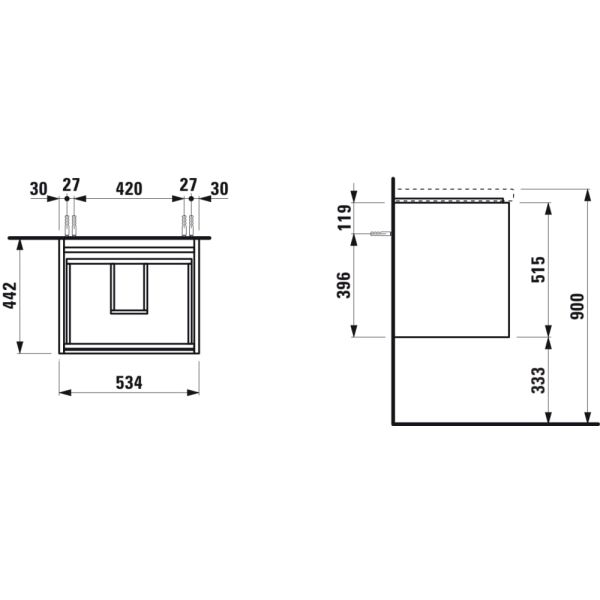 LAUFEN LANI Skrinka pod umývadlo, s 2 zásuvkami, pre umývadlo H810082, 535x450x515 mm, Biela lesklá 261, H4035221122611