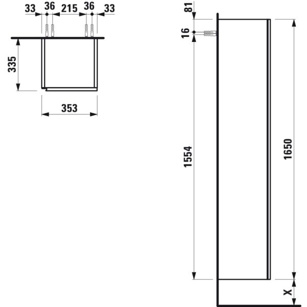 LAUFEN LANI Vysoká skrinka, závesy dverí vpravo, 355x335x1650 mm, Divoký dub 267, H4037221122671