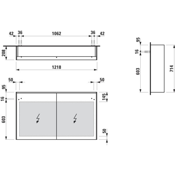 LAUFEN LANI Zrkadlová skrinka, 1200 mm, 2 dvere, s vodorovným LED osvetlením, 2 sklenené poličky, el. zásuvka, 1220x210x715 mm, Biela matná 260, H4038221122601