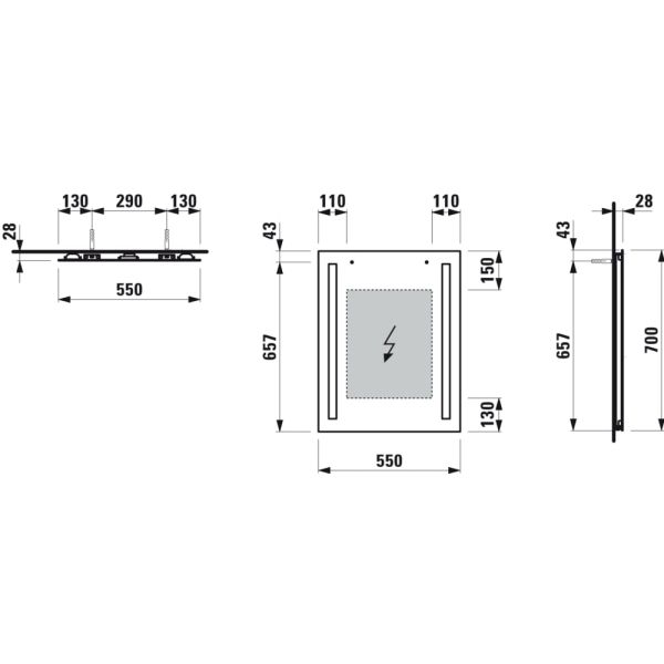 LAUFEN LANI Zrkadlo 550 mm, s 2 LED osvetľovacími prvkami, bez rámu, IP 44, 4 000K, pre externý vypínač, 550x700 mm, Zrkadlo 144, H4038511121441