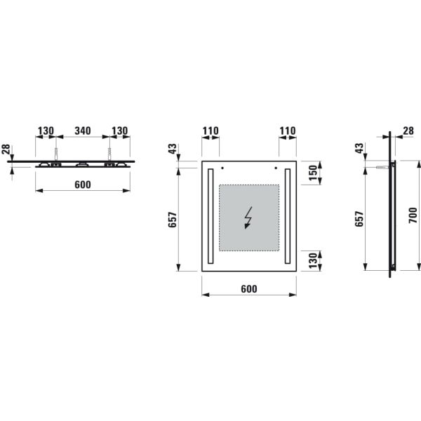 LAUFEN LANI Zrkadlo 600 mm, s 2 LED osvetľovacími prvkami, bez rámu, IP 44, 4 000K, pre externý vypínač, 600x700 mm, Zrkadlo 144, H4038521121441