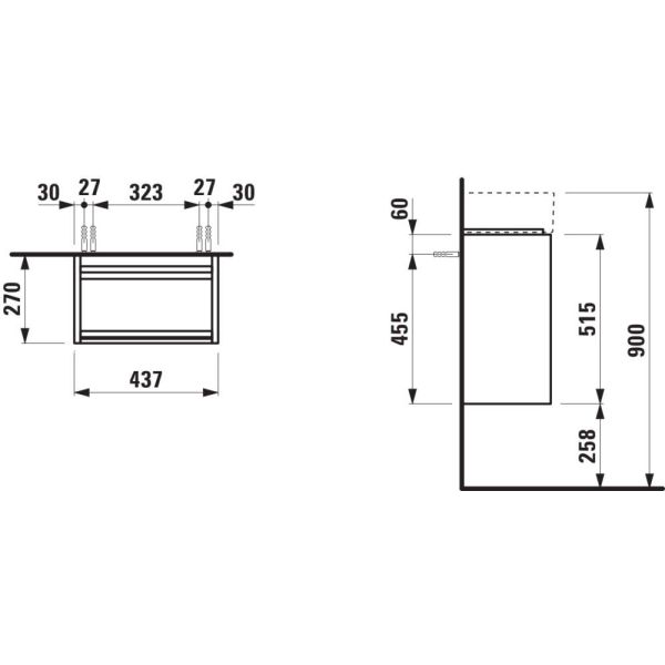 LAUFEN LANI Skrinka pod umývadlo, 1 dvierka, závesy vpravo pre umývadlo Kartell LAUFEN H815334, H815335, 435x270x515 mm, Biela matná 260, H4039021122601