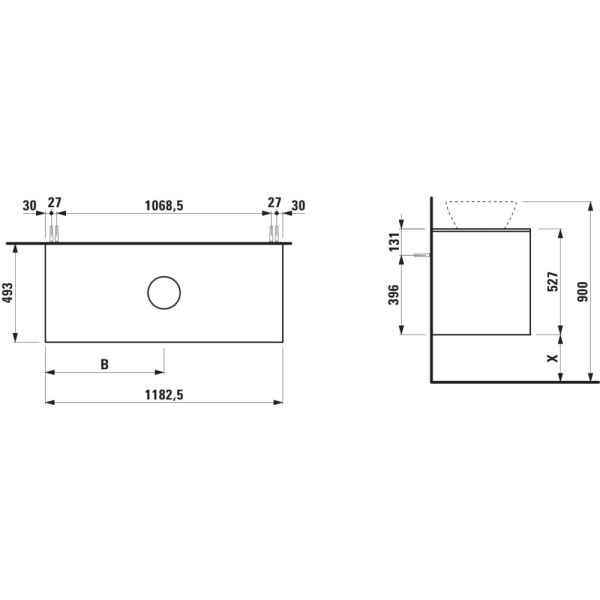 LAUFEN LANI Zásuvkový element 1200, s 2 zásuvkami, s výrezom uprostred, top 12 mm, 1180x495x525 mm, Divoký dub 267, H4043311122671