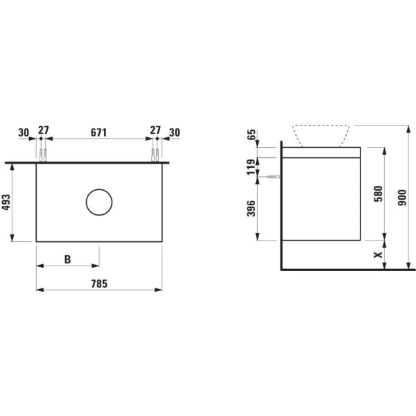 LAUFEN LANI Modulárna zostava 800, umývadlová doska 65 mm (.260 biela matná), s 1 výrezom uprostred, s 2 zásuvkami, 785x495x580 mm, Biela matná 260, H4045511122601