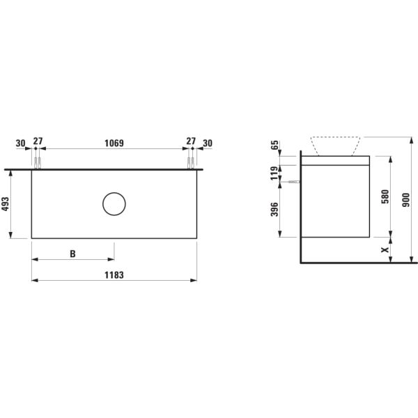 LAUFEN LANI Modulárna zostava 1200, umývadlová doska 65 mm (.260 biela matná), s 1 výrezom uprostred, s 2 zásuvkami, 1185x495x580 mm, Biela matná 260, H4045711122601