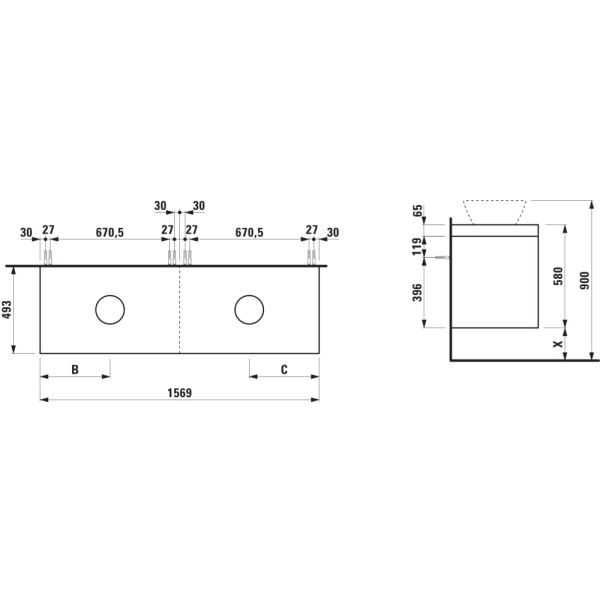 LAUFEN LANI Modulárna zostava 1600, umývadlová doska 65 mm (.260 biela matná), s výrezom vľavo a vpravo, so 2 zásuvkami: zásuvkový element 800 pravý + zásuvkový element 800 ľavý, 1570x495x580 mm, Biela lesklá 261, H4045941122611