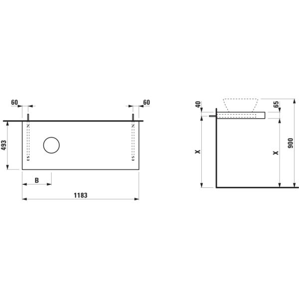 LAUFEN LANI Umývadlová doska 1200, s výrezom vľavo, hrúbka: 65 mm, vr. 2 nástenných držiakov, 1185x495x65 mm, Divoký dub 267, H4046721122671