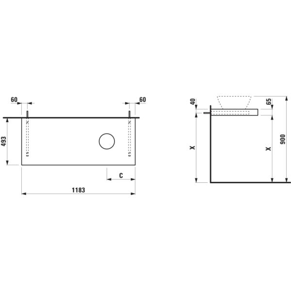 LAUFEN LANI Umývadlová doska 1200, s výrezom vpravo, hrúbka: 65 mm, vr. 2 nástenných držiakov, 1185x495x65 mm, Divoký dub 267, H4046731122671
